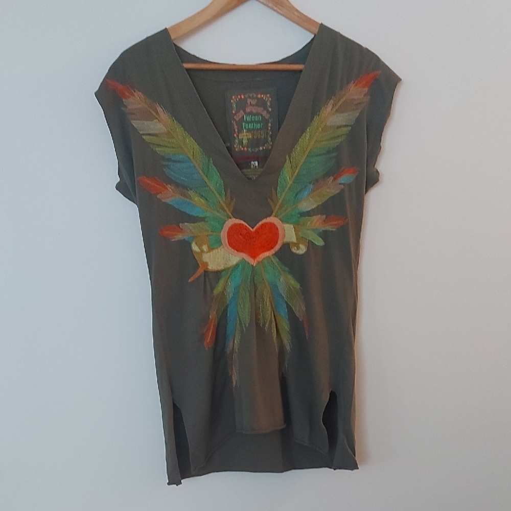 Johnny Was Multicolor Feather Heart Tee
